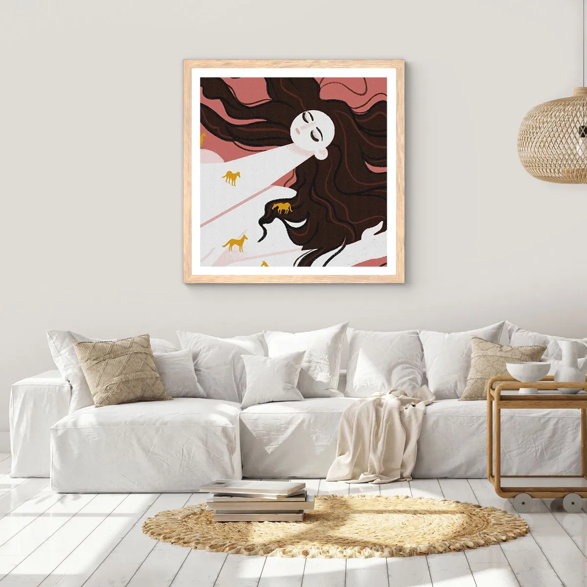 Plakat i ramme af lyst egetræ - Drøm om en gylden hest - 40x40 cm
