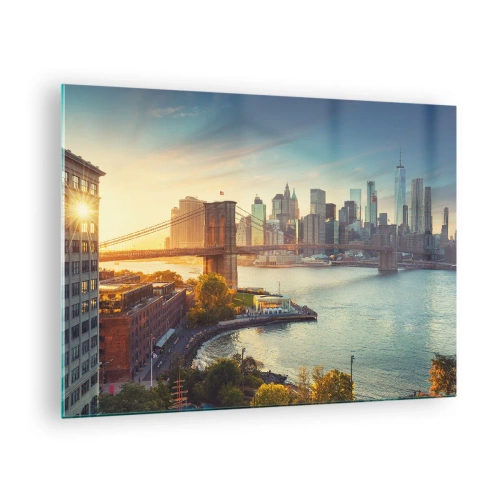 Billede på glas - Panoramaudsigt over New York City med Brooklyn Bridge - 70x50cm - Den store bys daggry - Moderne vægdekoration til stue og soveværelse ARTTOR