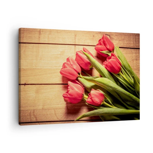 Lærredstryk - Billede på lærred - En buket lyserøde tulipaner på en træbaggrund - 70x50cm - Forårets tilståelse - Moderne vægdekoration til stue og soveværelse ARTTOR