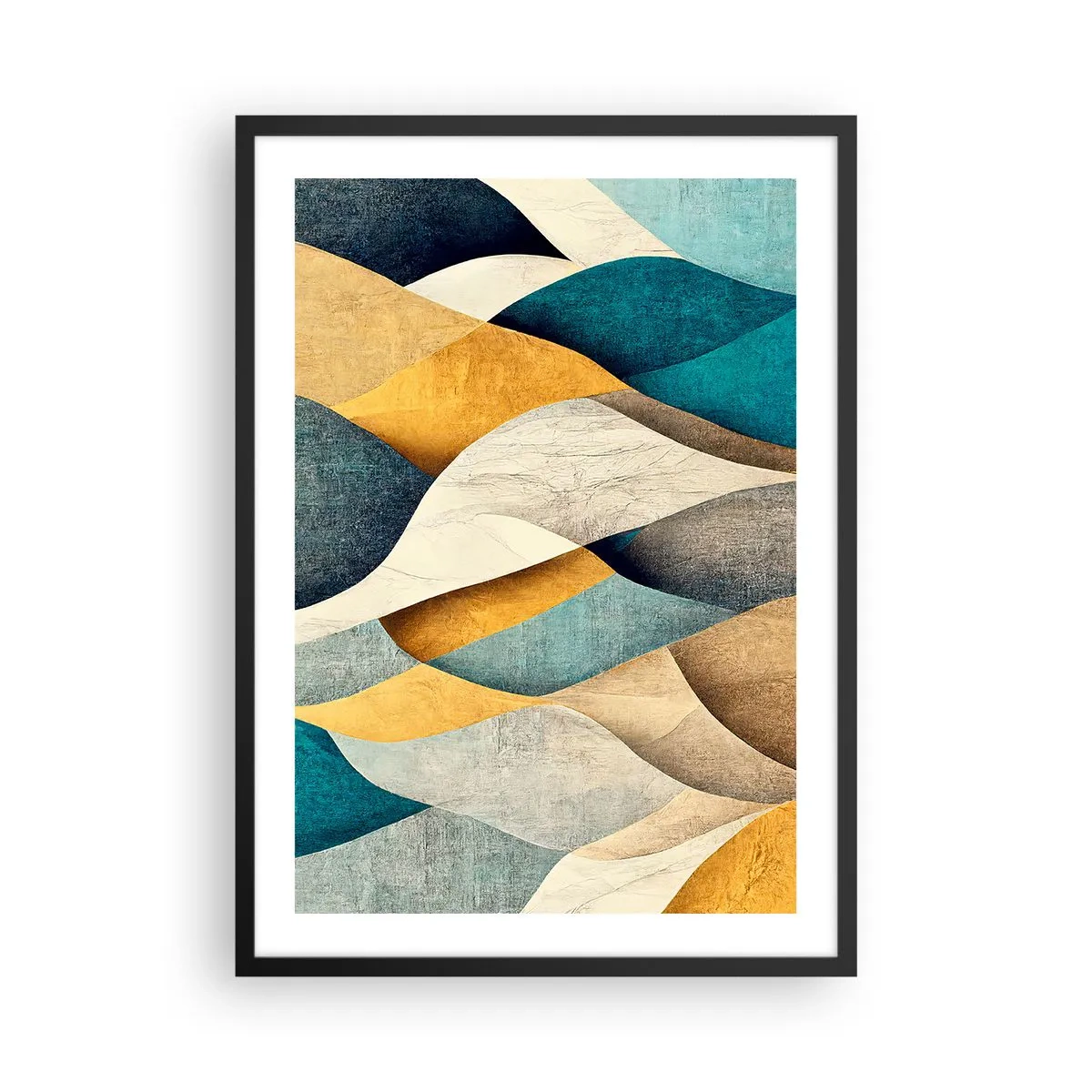 Plakat i sort ramme - En abstrakt komposition af bølgede former i gyldne og blå farver. - 50x70cm - Rytme og bølger - Moderne vægdekoration til stue og soveværelse ARTTOR