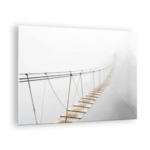 Billede på glas - En hængebro i tågen, der fører til det ukendte - 70x50cm - Hvor vil det føre dig hen? - Moderne vægdekoration til stue og soveværelse ARTTOR