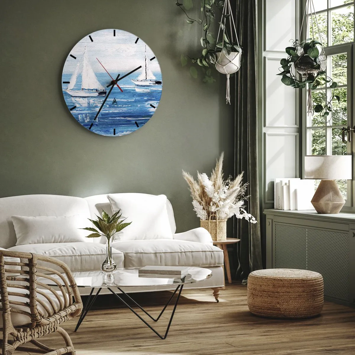 Vægur, Uret - Hvide sejlbåde på et blåt hav i malerisk stil - 30x30cm - Med en ven ved din side - Moderne vægdekoration til stue, køkken og soveværelse ARTTOR