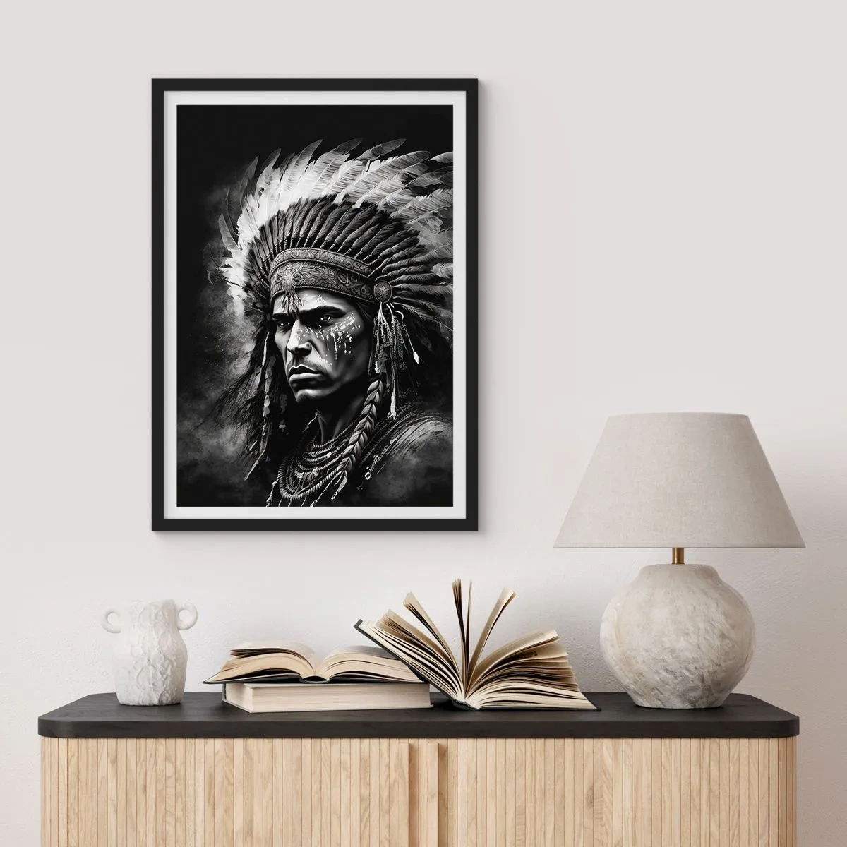 Plakat i sort ramme - Portræt af en kriger i traditionel fjerhovedbeklædning - 50x70cm - Leder og kriger - Moderne vægdekoration til stue og soveværelse ARTTOR