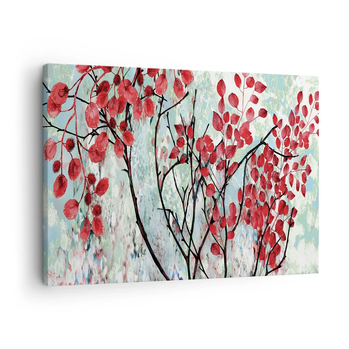 Lærredstryk - Billede på lærred - Røde blade mod en lys himmel med abstrakte mønstre - 70x50cm - Træ i skarlagenrødt - Moderne vægdekoration til stue og soveværelse ARTTOR