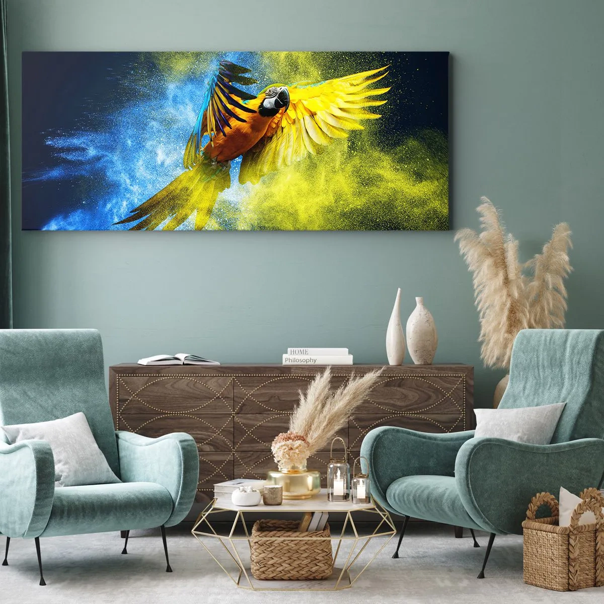 Lærredstryk - Billede på lærred - I det blå-gyldne støv - 90x30 cm
