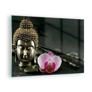 Billede på glas - Buddhistisk hoved med en lyserød blomst på en baggrund af sten - 70x50cm - Harmoni mellem visdom og skønhed - Moderne vægdekoration til stue og soveværelse ARTTOR