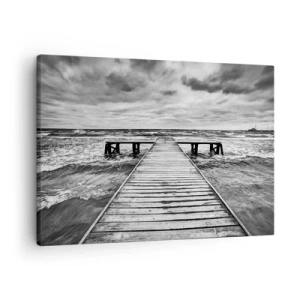 Lærredstryk - Billede på lærred - En sort-hvid visning af en træmole over et stormfuldt hav. - 70x50cm - Jeg venter på, at vinden blæser væk... - Moderne vægdekoration til stue og soveværelse ARTTOR