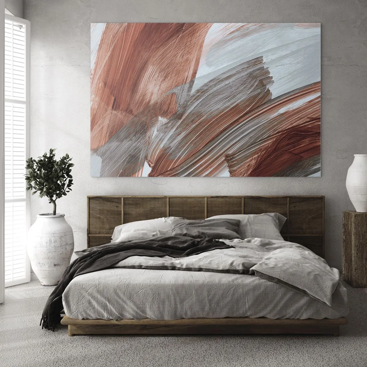 Billede på glas - Dynamiske penselstrøg i varme efterårsfarver og kølige blå nuancer. - 70x50cm - Efterårsagtig og blæsende abstraktion - Moderne vægdekoration til stue og soveværelse ARTTOR