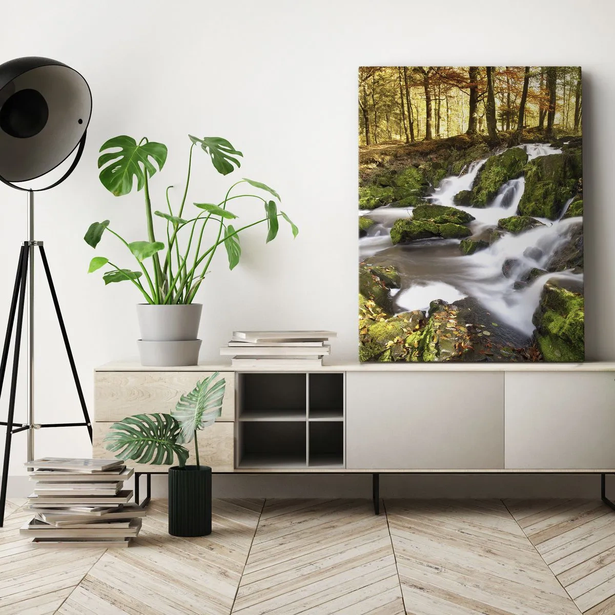 Lærredstryk - Billede på lærred - Bystrøm gennem efterårsskoven - 50x70 cm