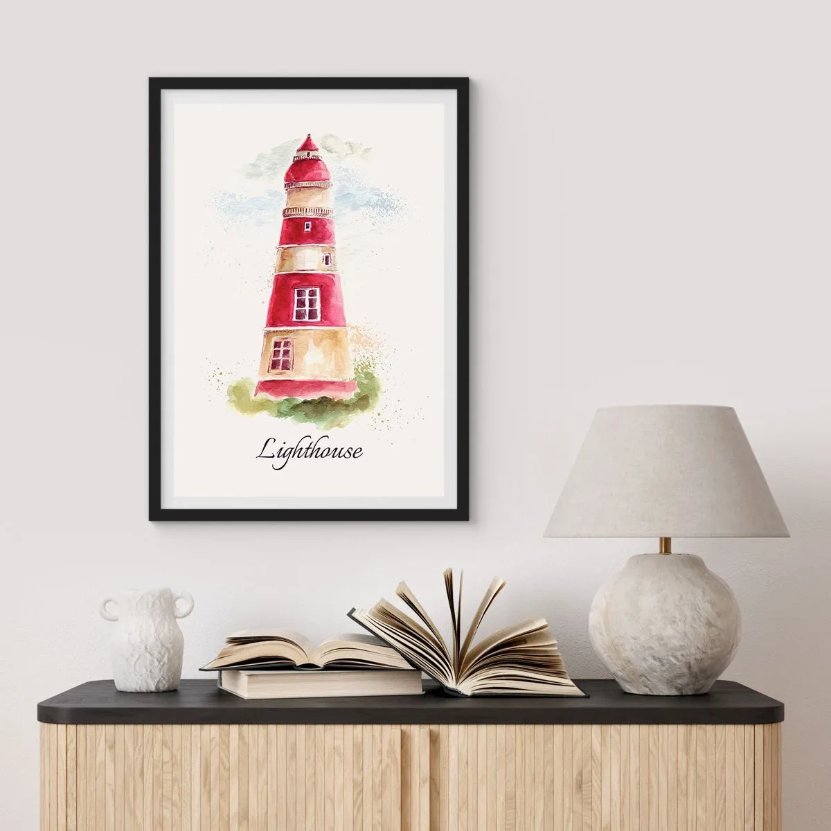 Plakat i sort ramme - Akvarel illustration af et fyrtårn på en lys baggrund - 50x70cm - Altid vejret omkring - Moderne vægdekoration til stue og soveværelse ARTTOR