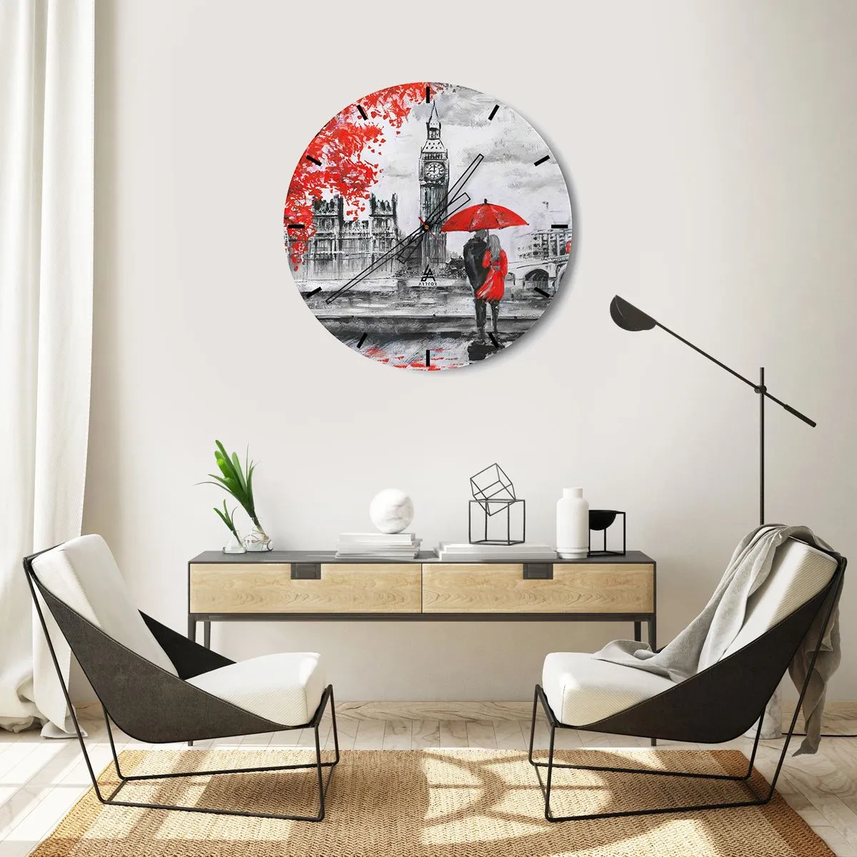 Vægur, Uret - Et par under en rød paraply med Big Ben og Parlamentet i baggrunden. - 30x30cm - Forelsket i London - Moderne vægdekoration til stue, køkken og soveværelse ARTTOR