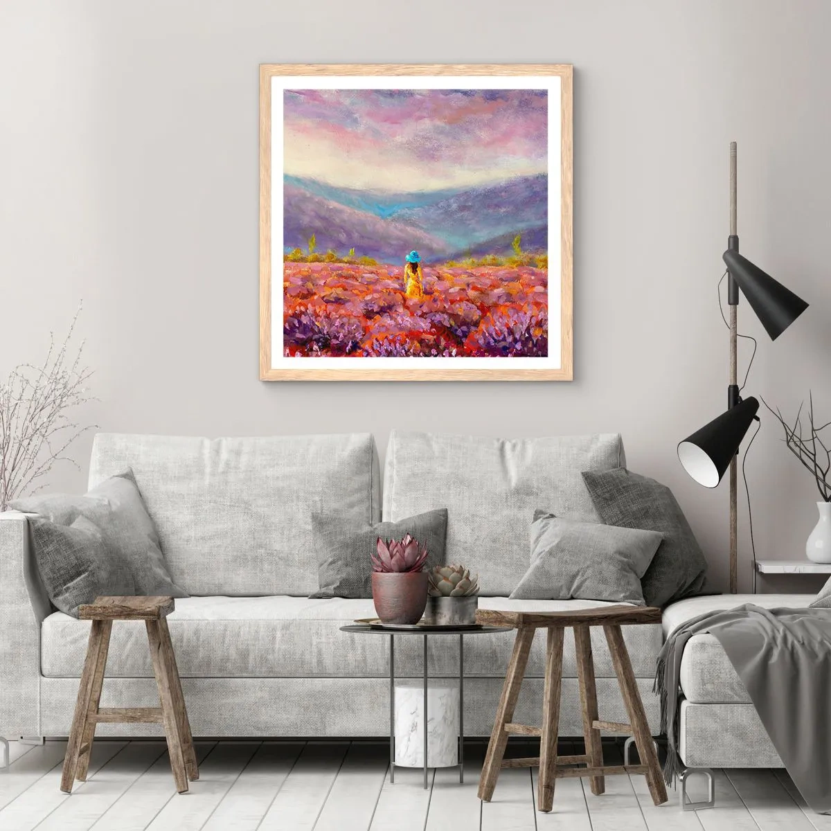 Plakat i ramme af lyst egetræ - I en verden af lavendel - 40x40 cm