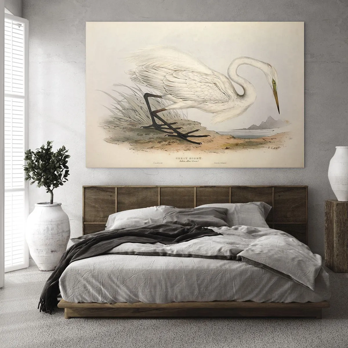 Billede på glas - Vintage illustration af en hvid hejre ved vandkanten - 70x50cm - Dame på sivene - Moderne vægdekoration til stue og soveværelse ARTTOR