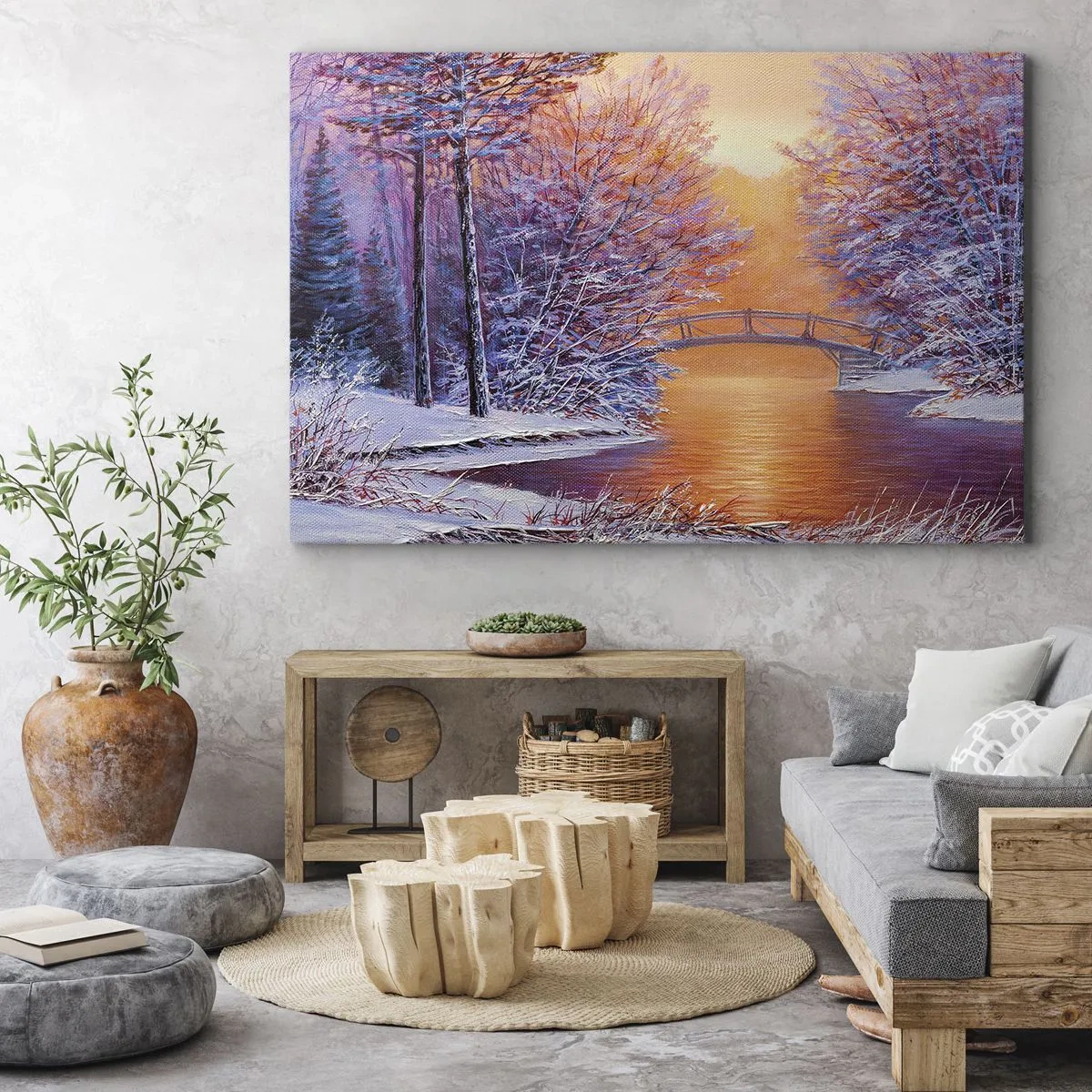 Lærredstryk - Billede på lærred - Vinterlandskab med bro og solnedgang - 70x50cm - Lad os mødes her - Moderne vægdekoration til stue og soveværelse ARTTOR