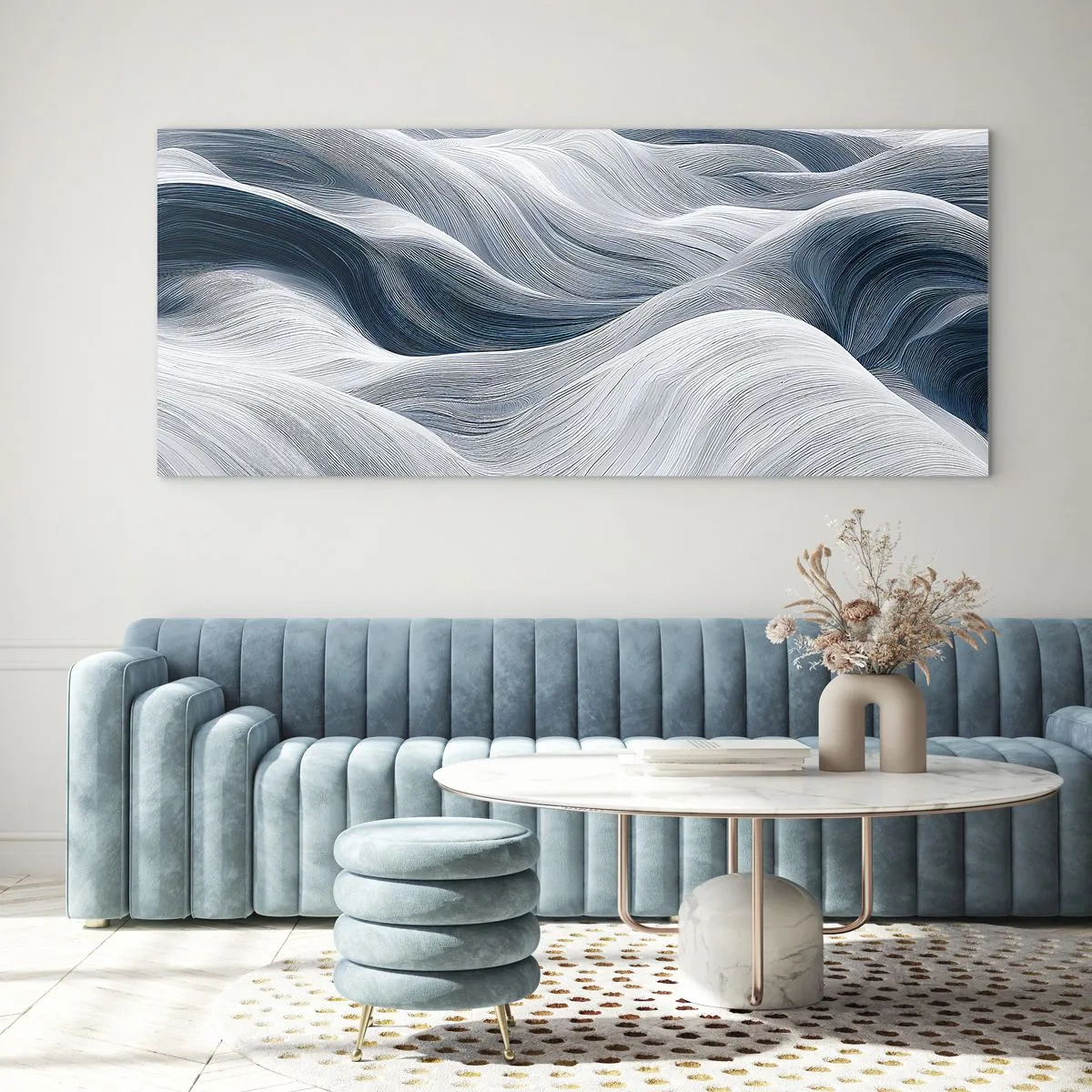 Billede på glas - Hvide og blå bølger - 100x40 cm