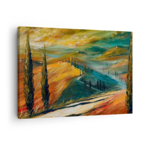 Lærredstryk - Billede på lærred - Toscansk landskab med marker, veje og cypresser - 70x50cm - Toscansk landskab - Moderne vægdekoration til stue og soveværelse ARTTOR