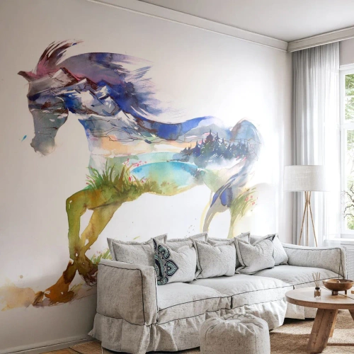 Fototapet Premium Canvas - Fra engen lige op til himlen - Hest, Abstraktion, Landskab - 200x140 cm