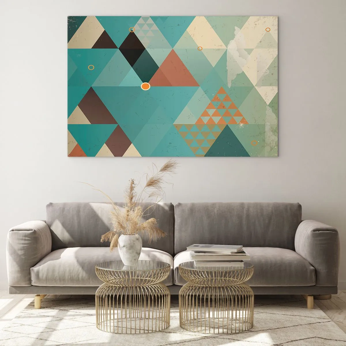 Billede på glas - Geometri i turkis og brun nuancer med trekanter - 70x50cm - Enhed af mangfoldighed, mangfoldighed af enhed - Moderne vægdekoration til stue og soveværelse ARTTOR