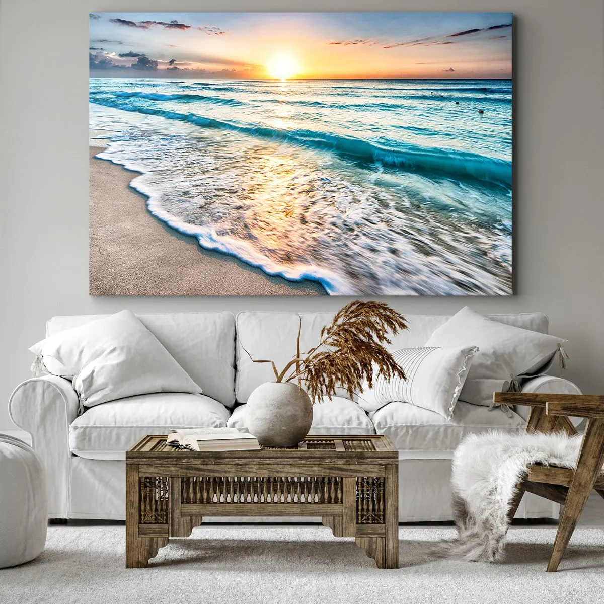 Lærredstryk - Billede på lærred - Solopgang over en stille strand med bølger - 70x50cm - Et synspunkt, der er værd at have - Moderne vægdekoration til stue og soveværelse ARTTOR