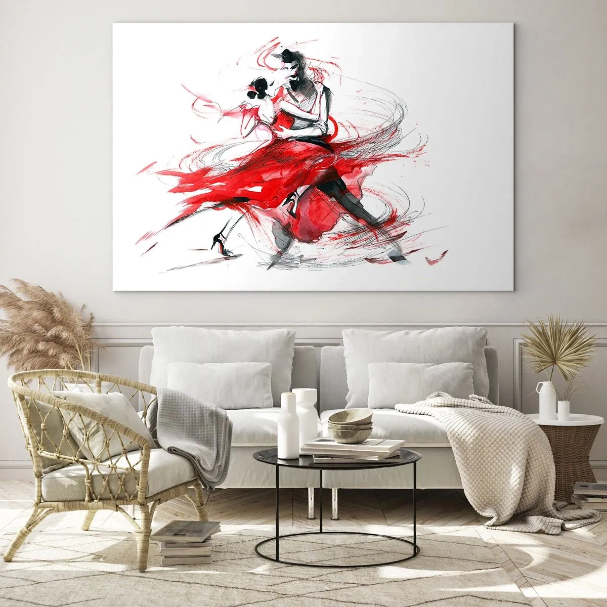 Billede på glas - Et par dansere i en dynamisk akvareldans - 70x50cm - Tango - passionens rytme - Moderne vægdekoration til stue og soveværelse ARTTOR
