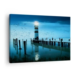 Lærredstryk - Billede på lærred - Fyrtårnet ved molen oplyst om natten - 70x50cm - Og du er ikke bange for mørket - Moderne vægdekoration til stue og soveværelse ARTTOR