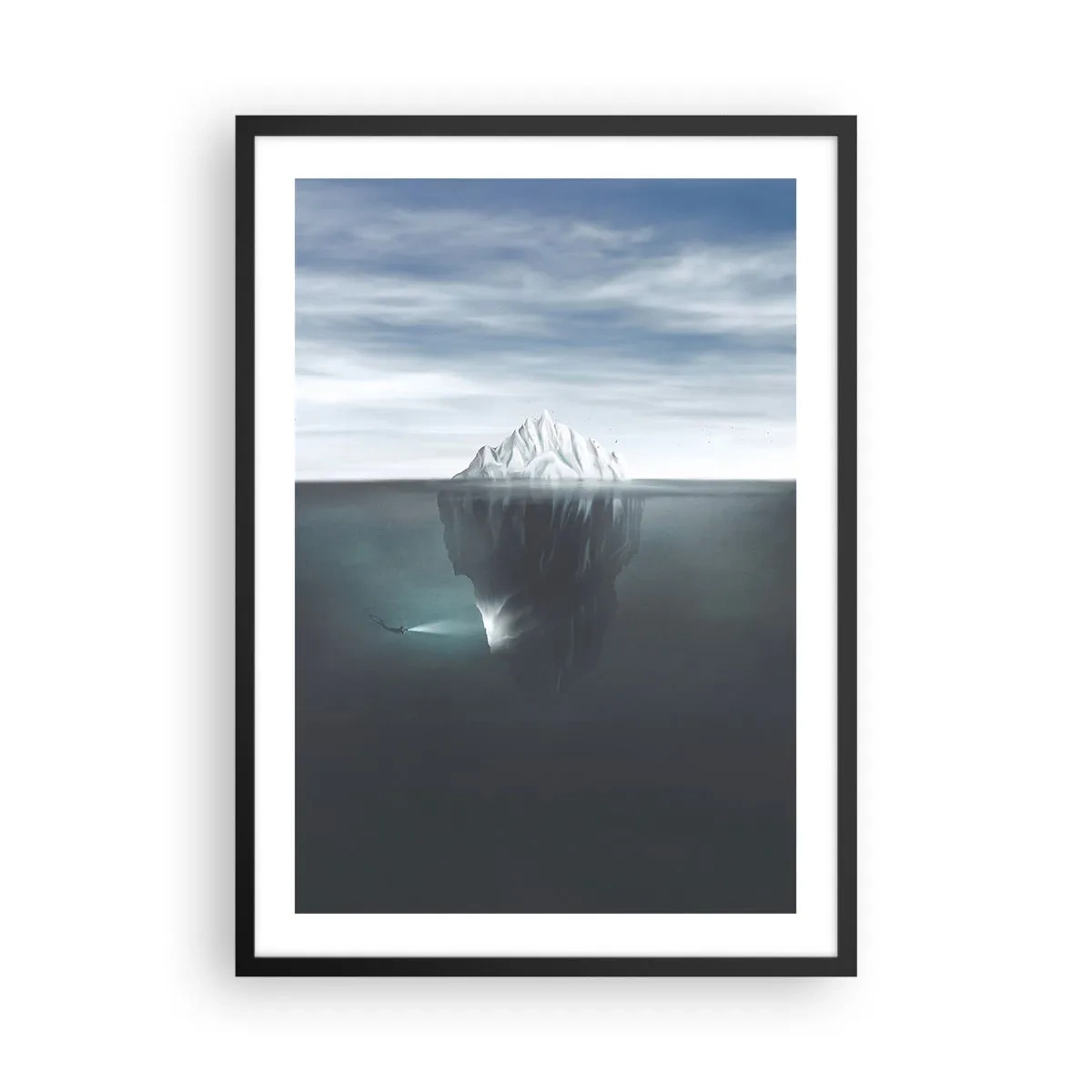 Plakat i sort ramme - Et isbjerg med en enorm masse skjult under vandet - 50x70cm - Undervands-mysterium - Moderne vægdekoration til stue og soveværelse ARTTOR