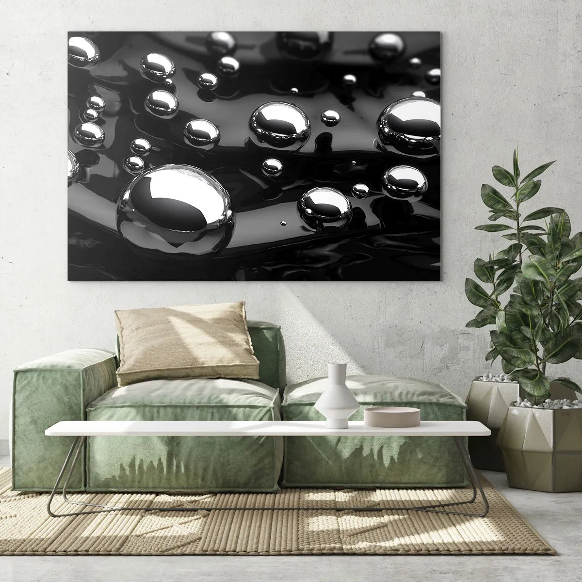 Billede på glas - Metalliske dråber på en sort overflade - 70x50cm - Fra de sorte dybder - Moderne vægdekoration til stue og soveværelse ARTTOR