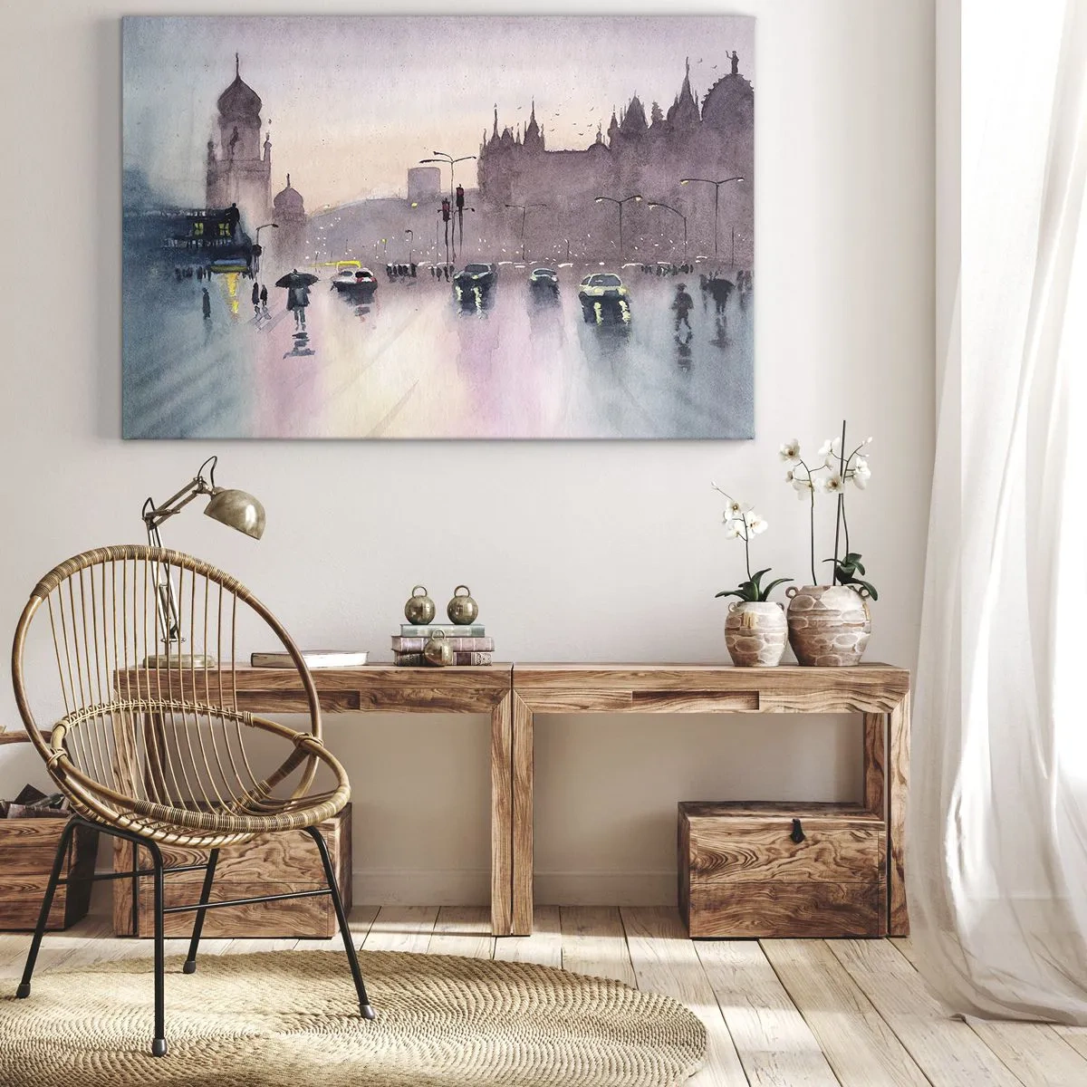 Lærredstryk - Billede på lærred - En bygade i skumringen i akvarelstil - 70x50cm - I en regnfuld tåge - Moderne vægdekoration til stue og soveværelse ARTTOR