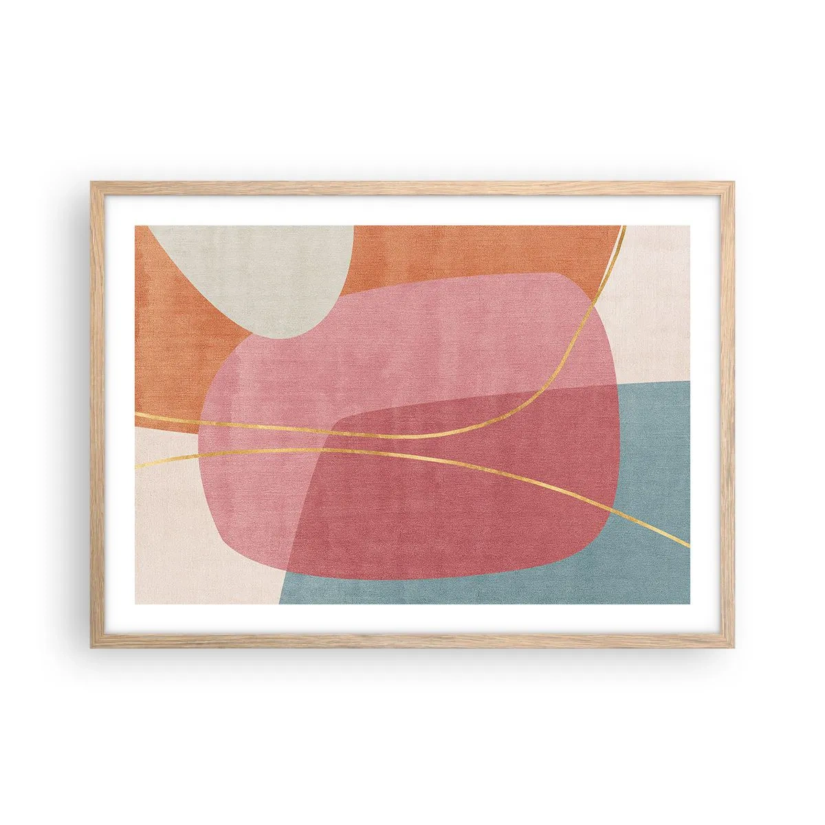 Plakat i ramme af lyst egetræ - Pastelkomposition med guldtråd - 70x50 cm