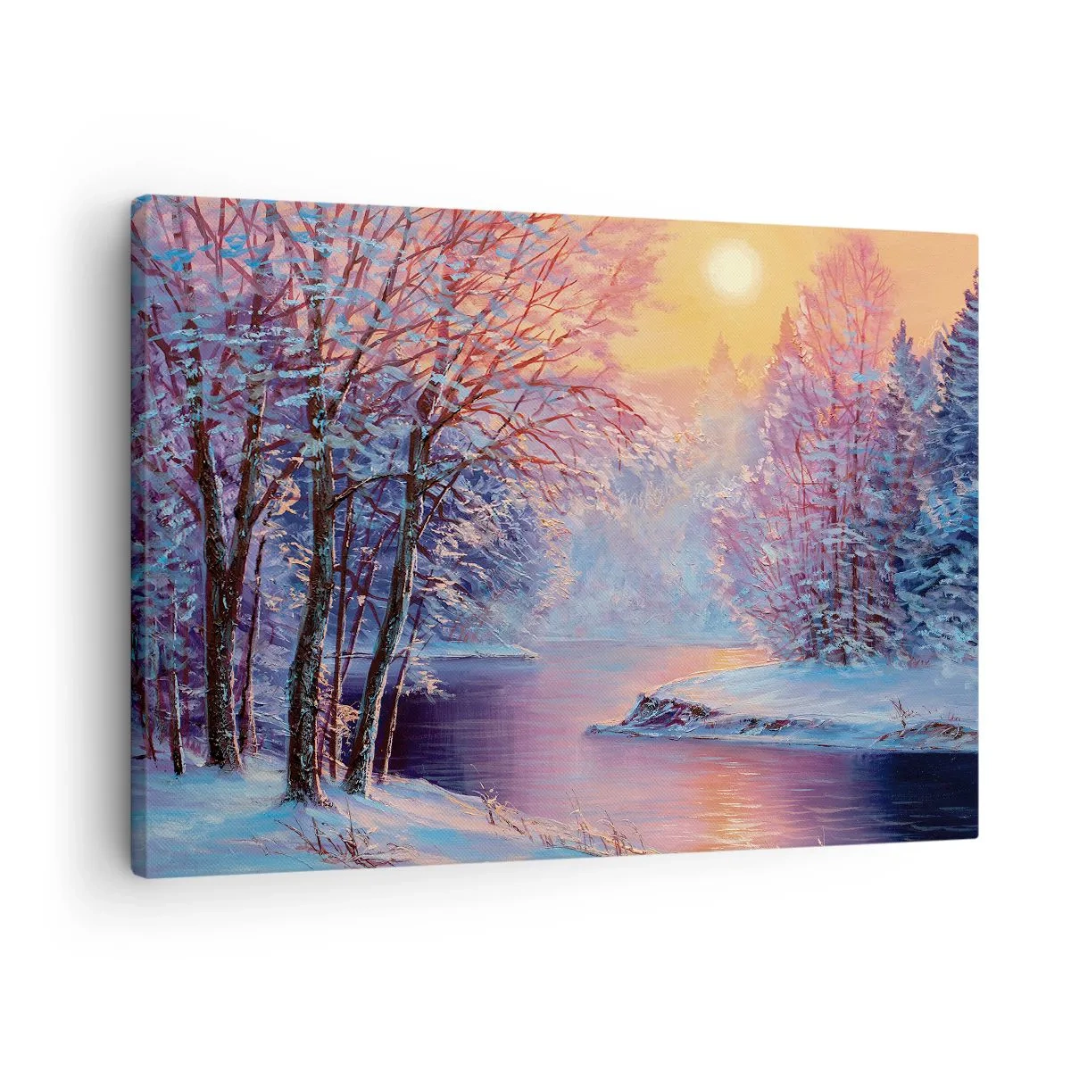 Lærredstryk - Billede på lærred - Vinterlandskab med flod og træer ved solopgang - 70x50cm - Vinterens farver - Moderne vægdekoration til stue og soveværelse ARTTOR