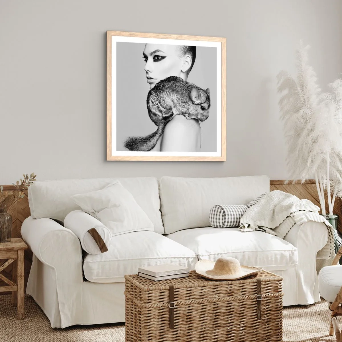 Plakat i ramme af lyst egetræ - Dame med en chinchilla - 40x40 cm