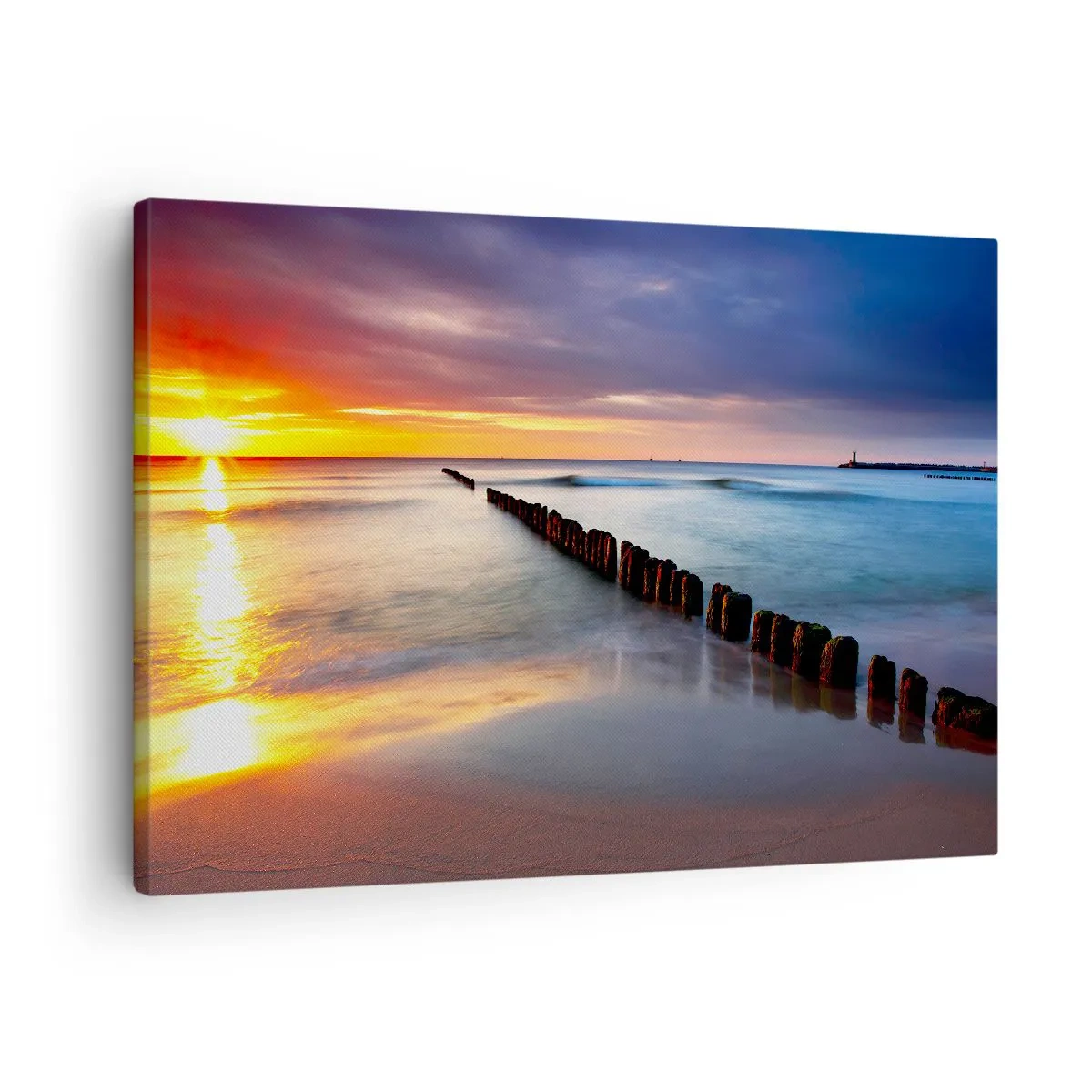 Lærredstryk - Billede på lærred - Solnedgang over havet med en bølgebryder i forgrunden - 70x50cm - Lyt til stilheden - Moderne vægdekoration til stue og soveværelse ARTTOR