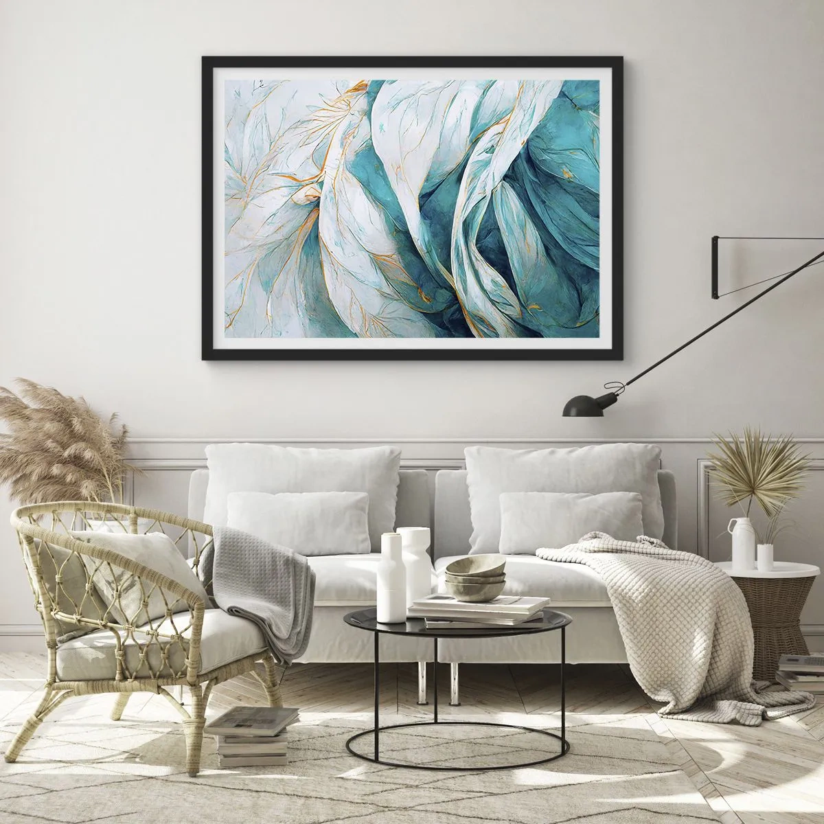 Plakat i sort ramme - Blå abstraktion med et guldmotiv - 91x61 cm