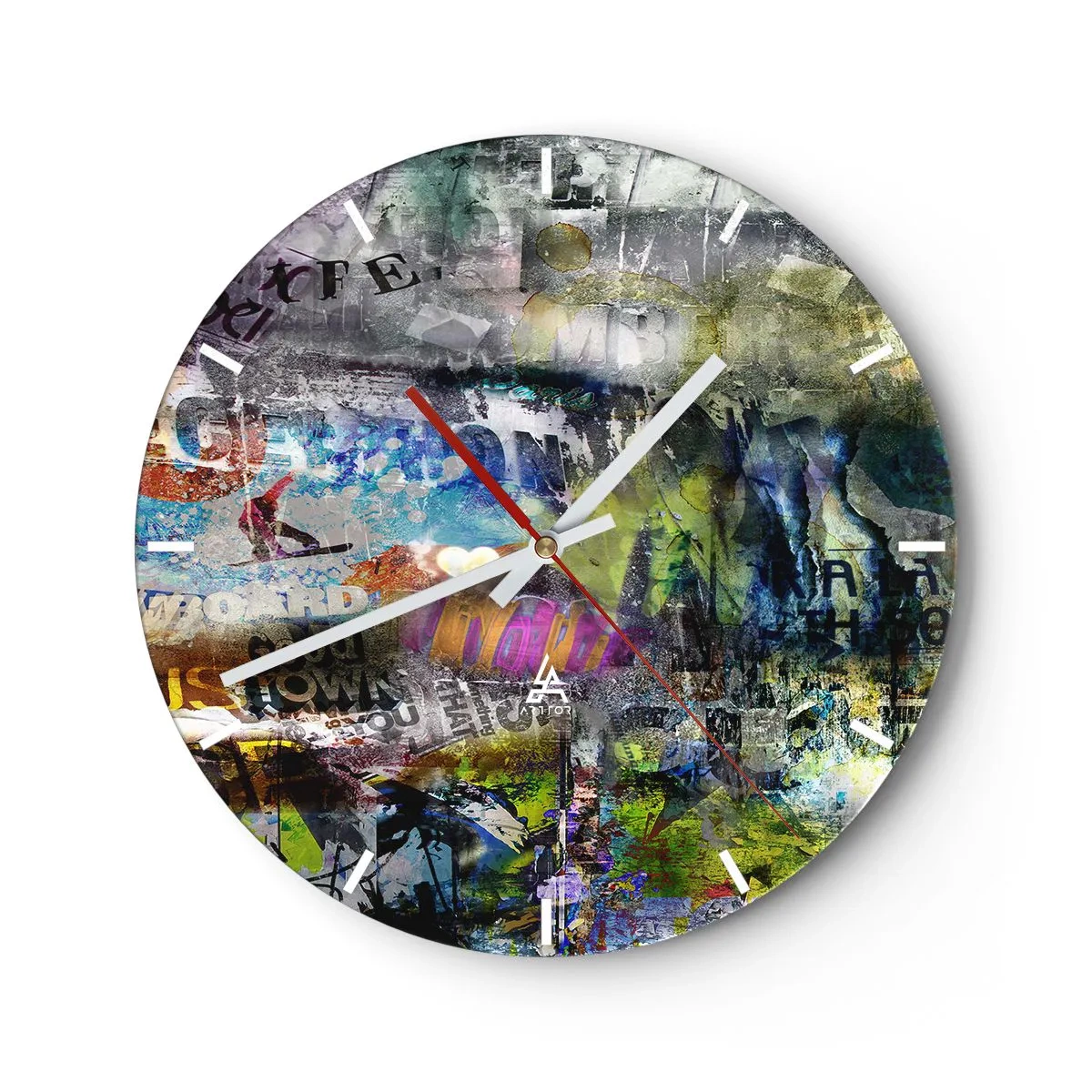 Vægur, Uret - Abstrakt collage i forskellige farver med indskrifter - 30x30cm - En collage af minder - Moderne vægdekoration til stue, køkken og soveværelse ARTTOR