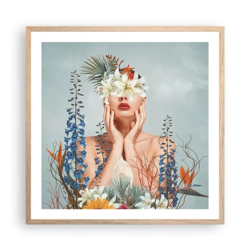 Plakat i ramme af lyst egetræ - Kvinde blomst - 60x60 cm
