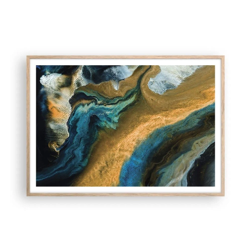 Plakat i ramme af lyst egetræ - Blå - gul - gensidig indflydelse - 100x70 cm