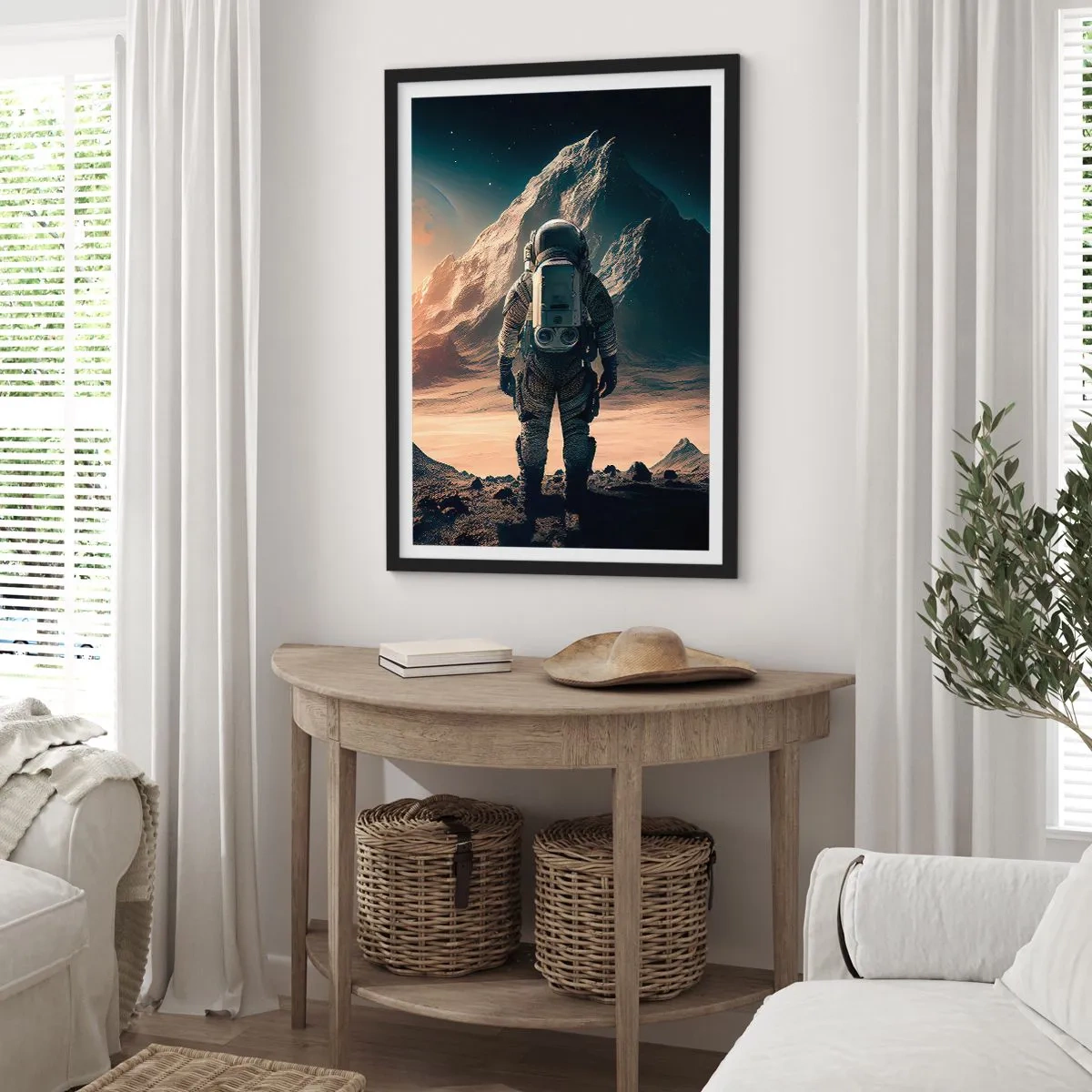 Plakat i sort ramme - Astronaut på en fremmed planet i stjernelyset - 50x70cm - En ny udfordring - Moderne vægdekoration til stue og soveværelse ARTTOR