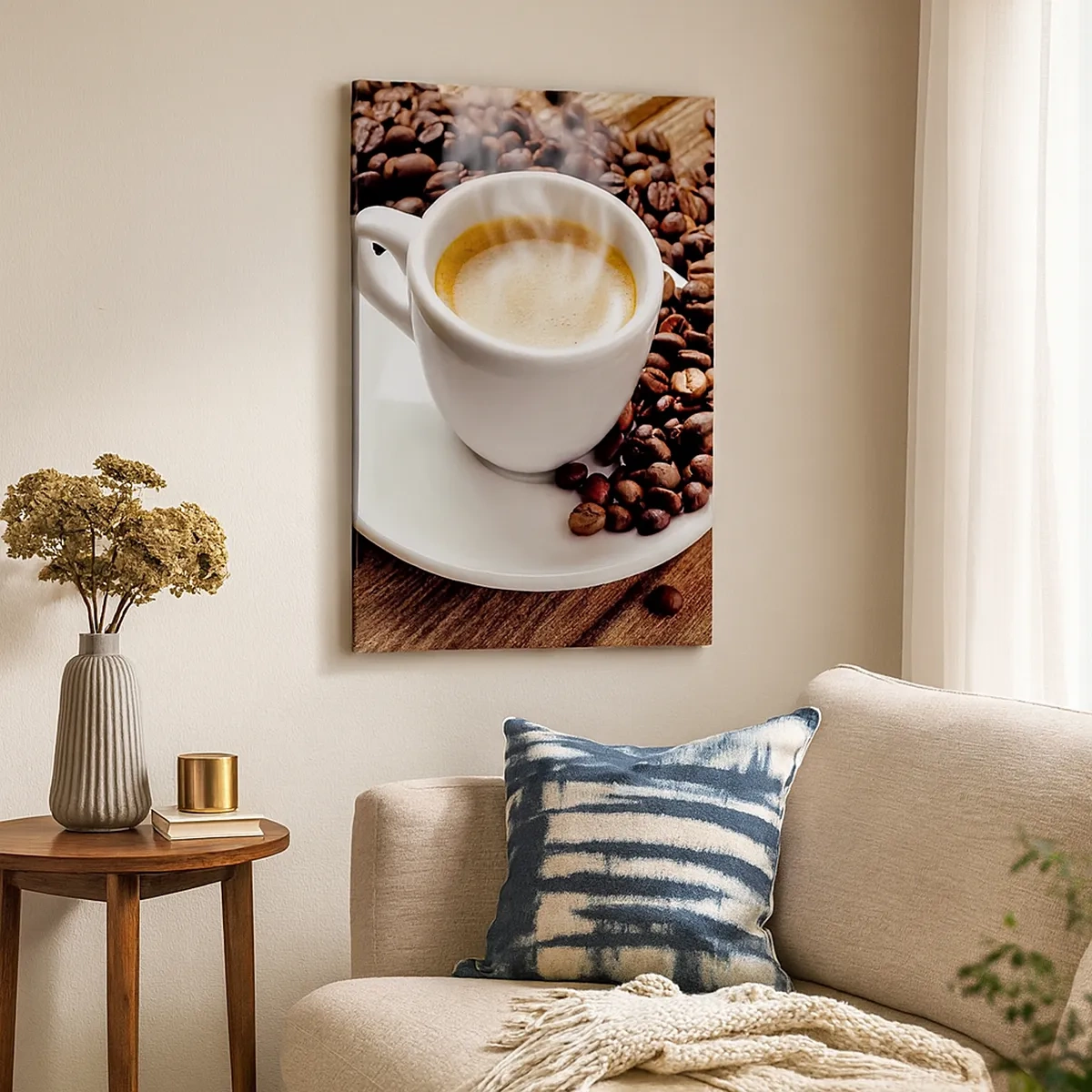 Lærredstryk - Billede på lærred - Kaffe på bænken - 50x70 cm