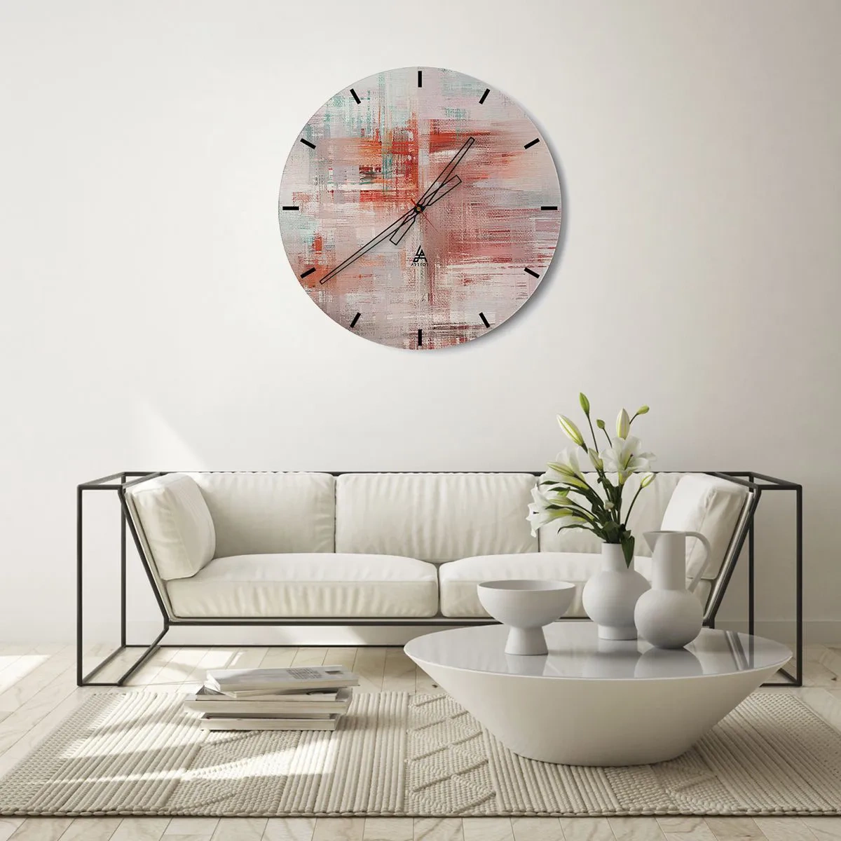 Vægur, Uret - En abstrakt komposition af streger i nuancer af lyserød og hvid. - 30x30cm - Diset. Hvor er dog det lyserødt - Moderne vægdekoration til stue, køkken og soveværelse ARTTOR
