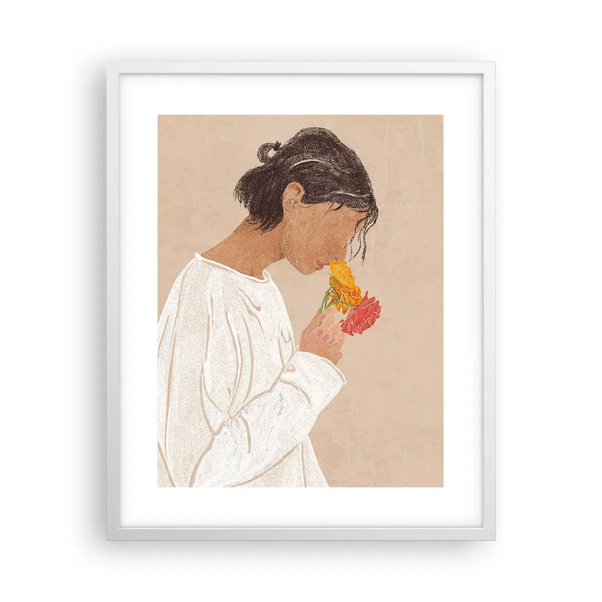Plakat i hvid ramme - Pige og blomster - 40x50 cm