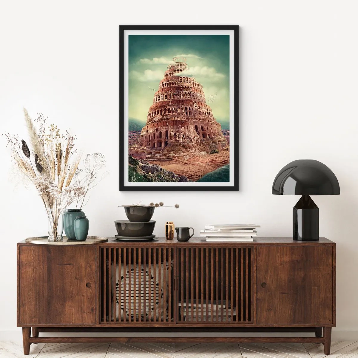 Plakat i sort ramme - Det mytiske Babelstårn i et malerisk landskab - 50x70cm - Babelstårnet - Moderne vægdekoration til stue og soveværelse ARTTOR