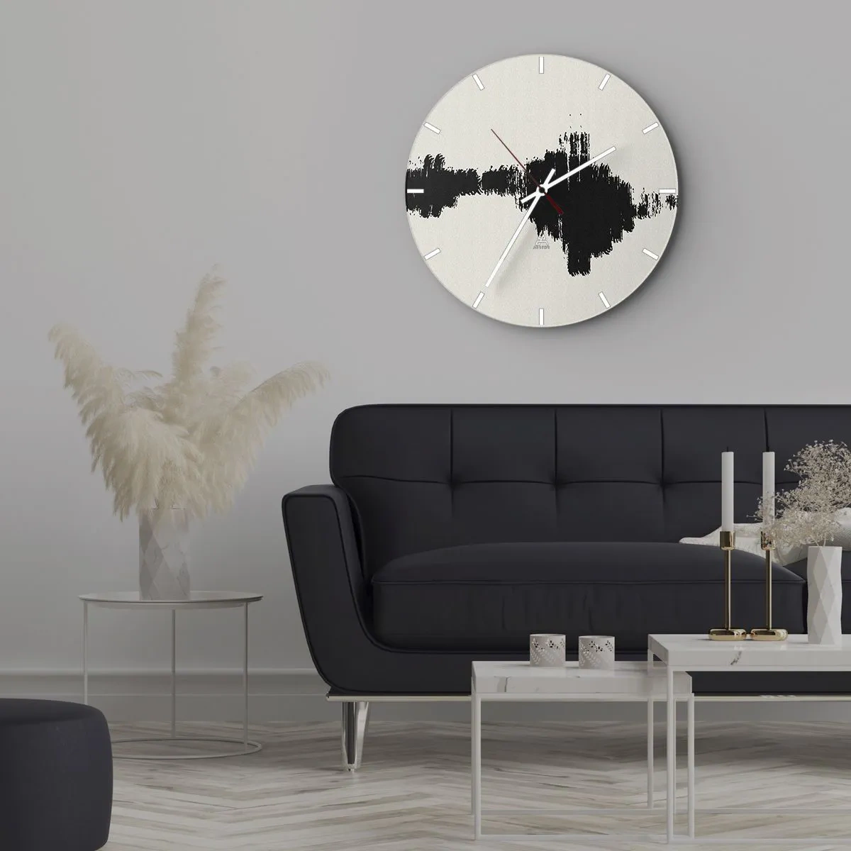 Vægur, Uret - Sort penselstrøg på en lys baggrund i abstrakt stil - 30x30cm - Fantasiens vibrationer - Moderne vægdekoration til stue, køkken og soveværelse ARTTOR