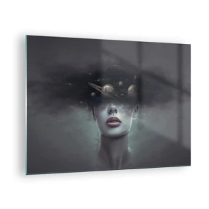 Billede på glas - En kvinde med planeter som hoved i en surrealistisk komposition - 70x50cm - Og planeterne er ved at gå amok... - Moderne vægdekoration til stue og soveværelse ARTTOR