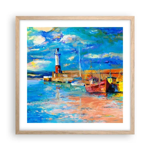 Plakat i ramme af lyst egetræ - Eftermiddag i regnbuebugten - 50x50 cm