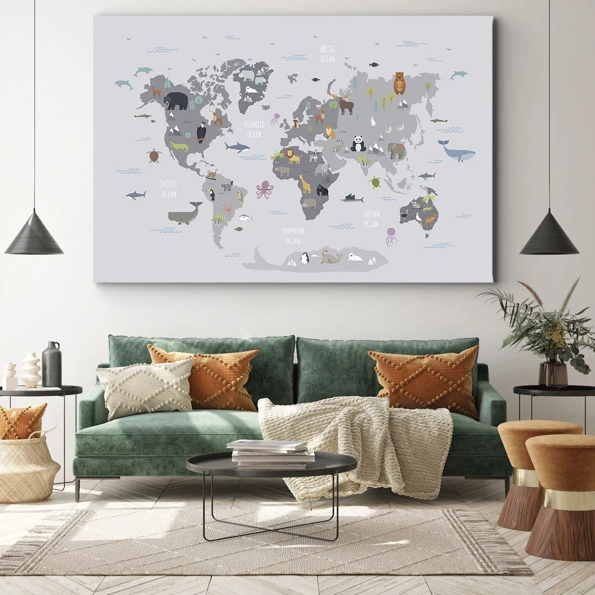 Lærredstryk - Billede på lærred - Et verdenskort med dyreillustrationer på en grå baggrund - 70x50cm - Fortæl mig, hvor du er fra... - Moderne vægdekoration til stue og soveværelse ARTTOR