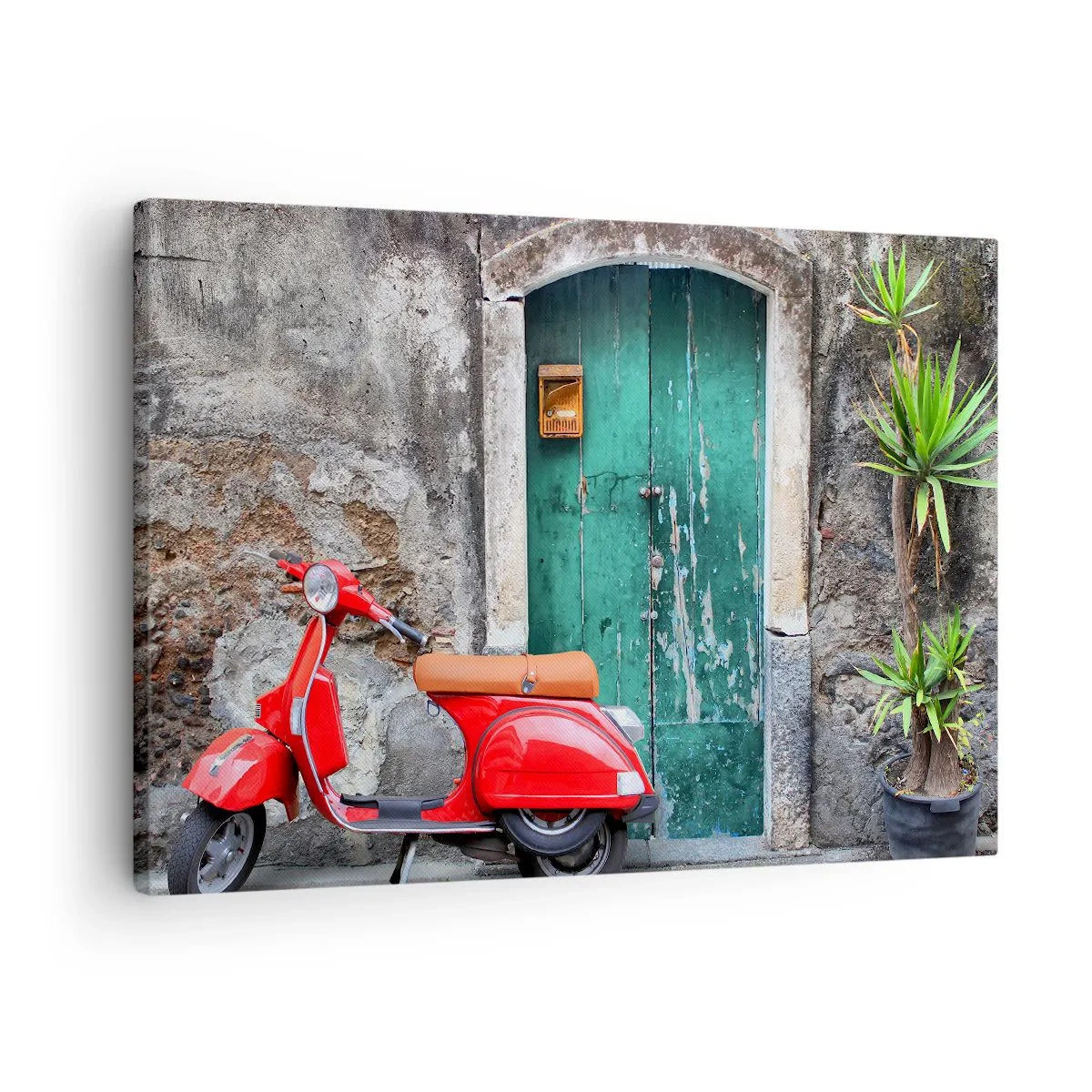 Lærredstryk - Billede på lærred - Rød scooter ved den grønne dør - 70x50cm - Italiensk ferie - Moderne vægdekoration til stue og soveværelse ARTTOR