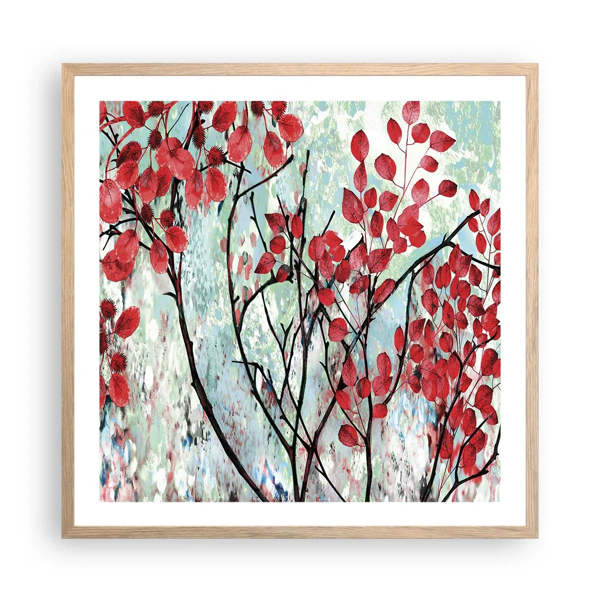 Plakat i ramme af lyst egetræ - Træ i skarlagenrødt - 60x60 cm
