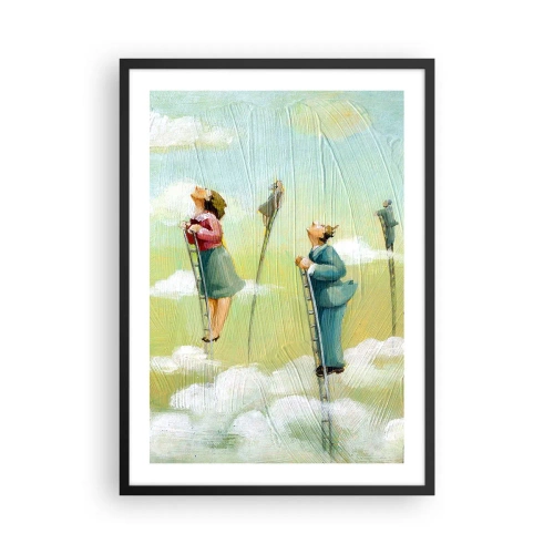 Plakat i sort ramme - Figurer klatrer op ad stiger i skyerne - 50x70cm - Bag din drøm - Moderne vægdekoration til stue og soveværelse ARTTOR