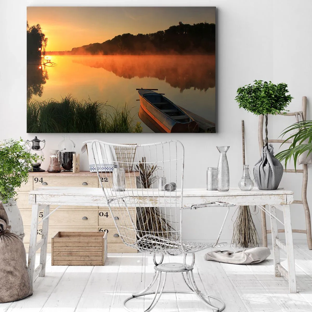 Lærredstryk - Billede på lærred - Solopgang over vand som en spejlplade - 120x80 cm