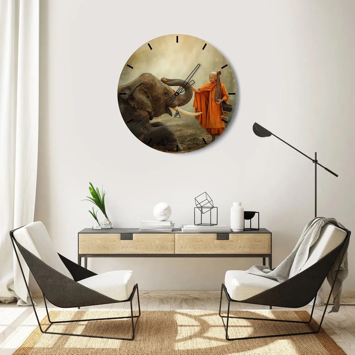 Vægur, Uret - En buddhistisk munk og en elefant i fredelige, naturlige omgivelser - 30x30cm - Møde på ferien - Moderne vægdekoration til stue, køkken og soveværelse ARTTOR